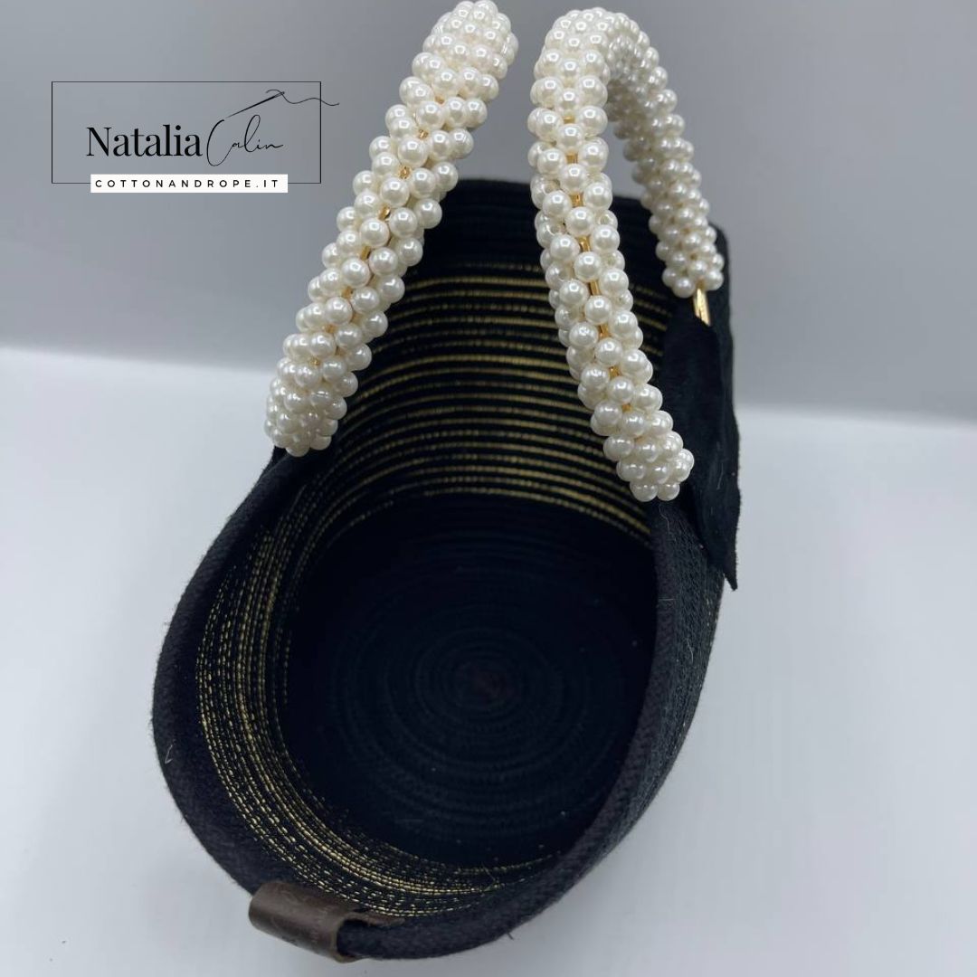 BORSA piccola con MANICI PERLE, Colore: NERO / ECRU' - Misure: 16 x 29 cm