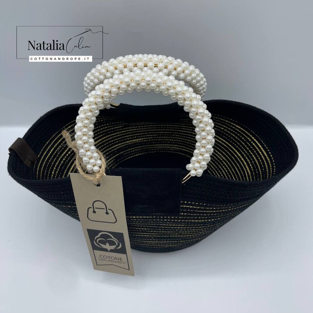 BORSA piccola con MANICI PERLE, Colore: NERO / ECRU' - Misure: 16 x 29 cm
